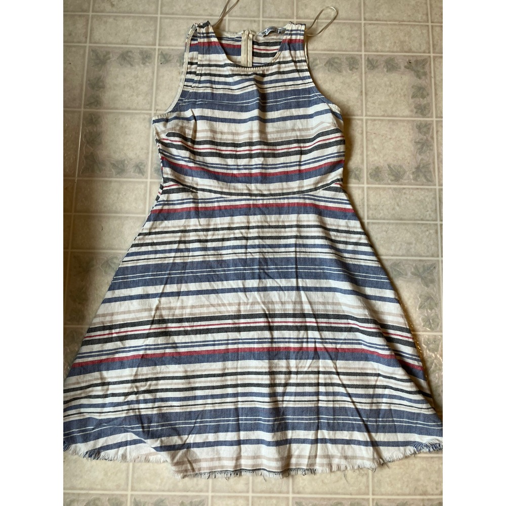 Zara Basic Women's Denim Couture Striped Summer A-Line Dress Medium Raw Edge Hem